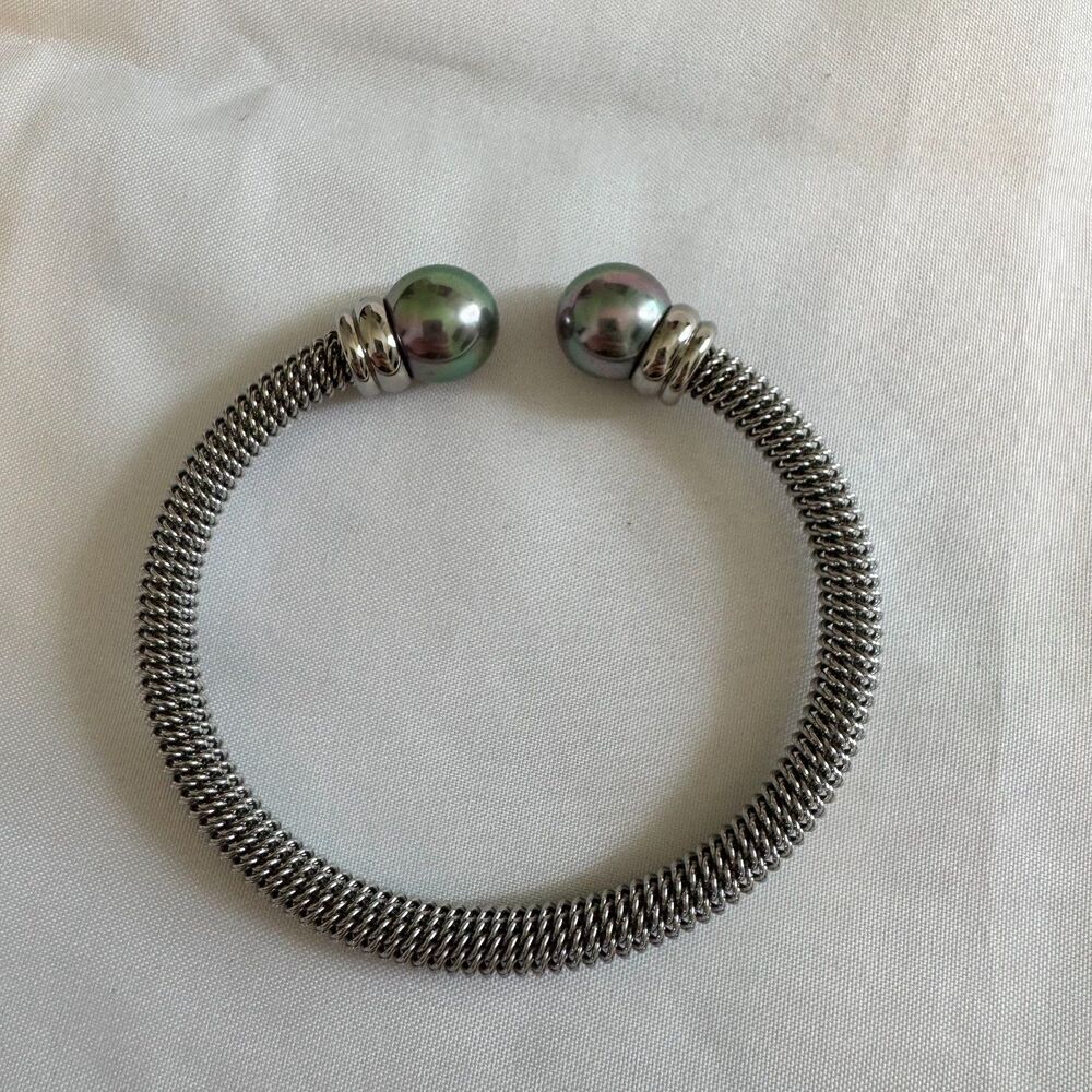 Majorica Women's Stainless Steel Rhodium Plated Bangle Bracelet Organic Pearl - Picture 7 of 8